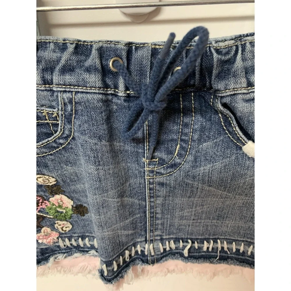 Hannah Banana Girls Denim Mini Skirt Floral Embroidered Pink Fringe 3T H2974